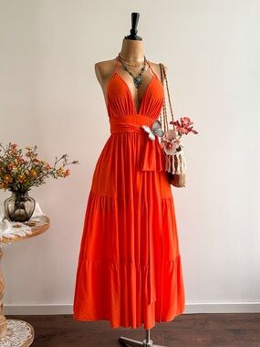 ❤️Hello Gorgeous! Women's Orange Halter Tiered Maxi Dress with Waist